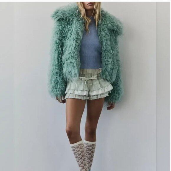 Free People NWT Moonlight Oversized Faux Fur Extra Soft Jacket Mint Green size L - Picture 2 of 6